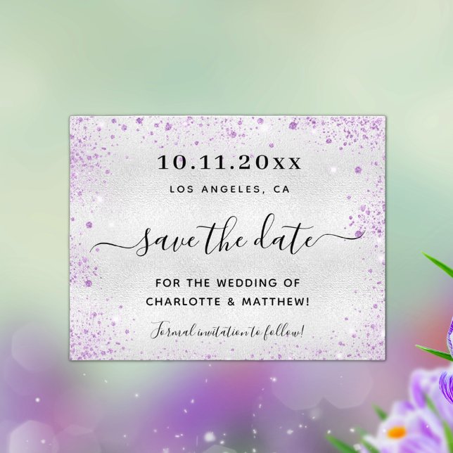 Wedding silver purple glitter budget save the date flyer (Creator Uploaded)