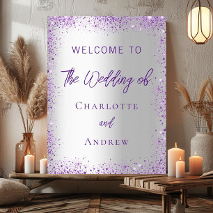 Wedding silver purple sparkles welcome poster