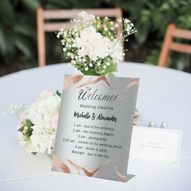 Wedding silver rose gold marble program timeline pedestal sign (Creator Uploaded)