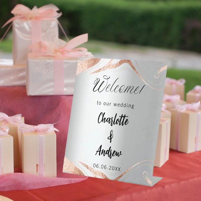 Wedding silver rose gold marble veins welcome pedestal sign (Creator Uploaded)