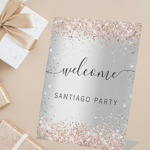 Wedding silver rose gold name script welcome pedestal sign