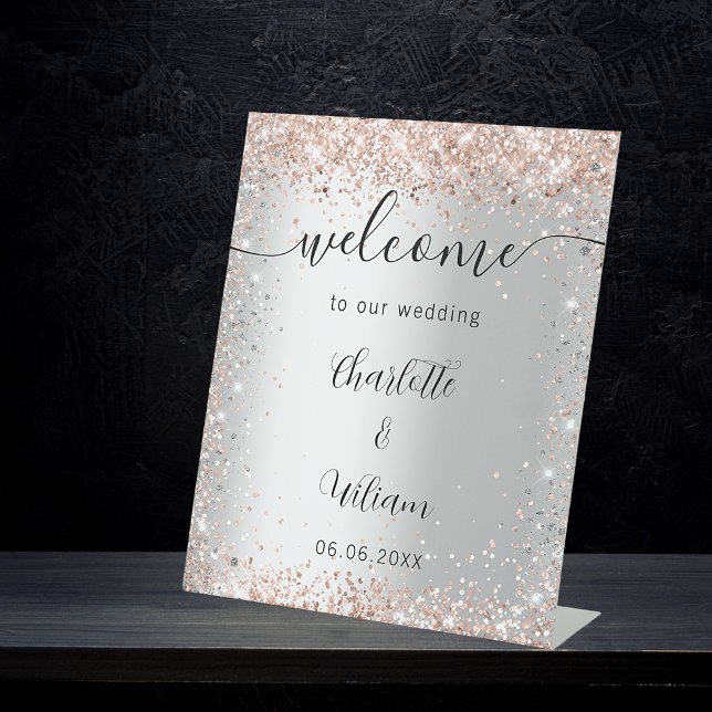 Wedding silver rose gold names script welcome pedestal sign (Creator Uploaded)
