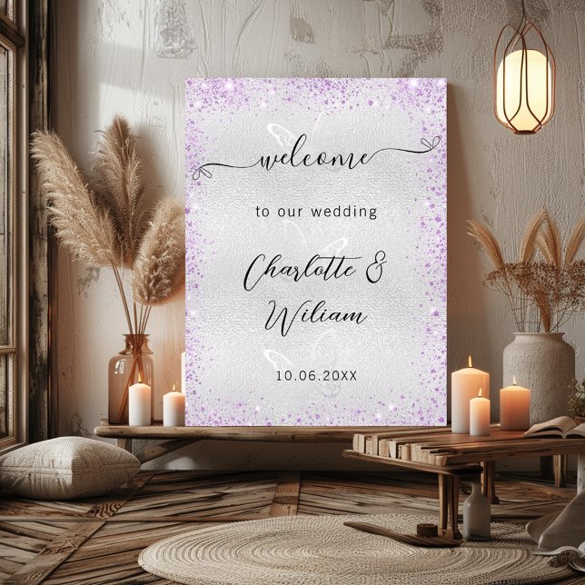 Wedding silver violet butterflies welcome poster (Creator Uploaded)