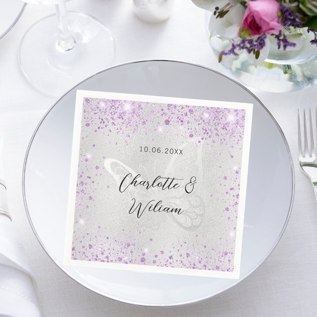 Wedding silver violet sparkles butterfly napkin (Creator Uploaded)
