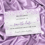 Wedding silver violet sparkles elegant save the da announcement postcard<br><div class="desc">A modern faux silver looking background decorated with purple faux glitter,  sparkles and a dress. Personalise and add a date and names. The text: Save the Date is written with a large trendy hand lettered style script.</div>