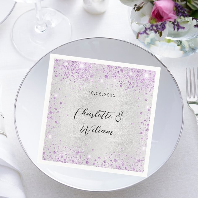 Wedding silver violet sparkles names napkin (Creator Uploaded)