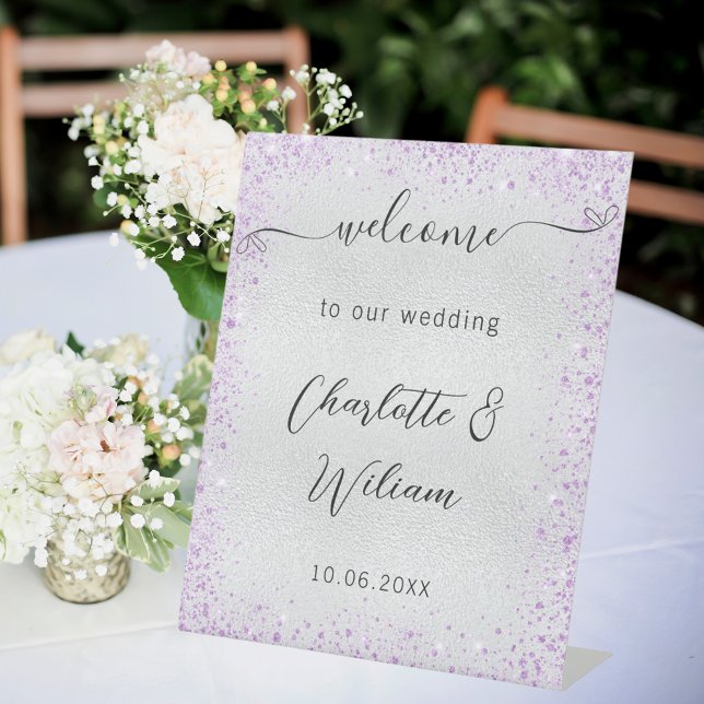 Wedding silver violet sparkles welcome pedestal sign (Creator Uploaded)