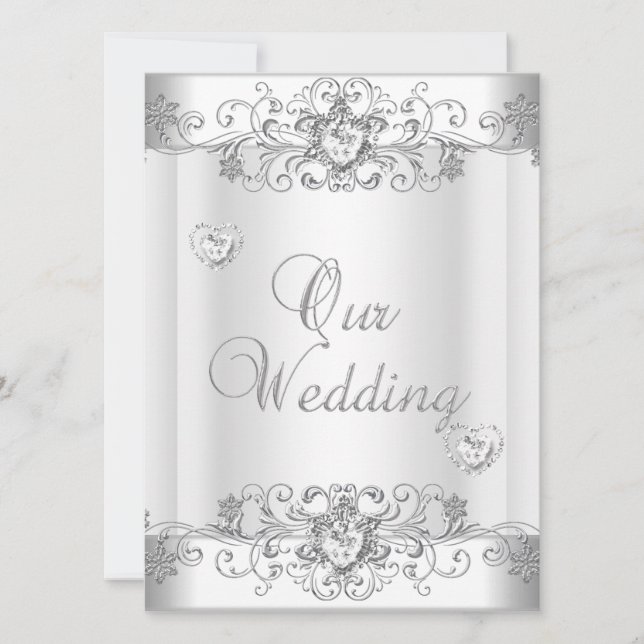 Wedding Silver White Diamond Hearts Invitation (Front)