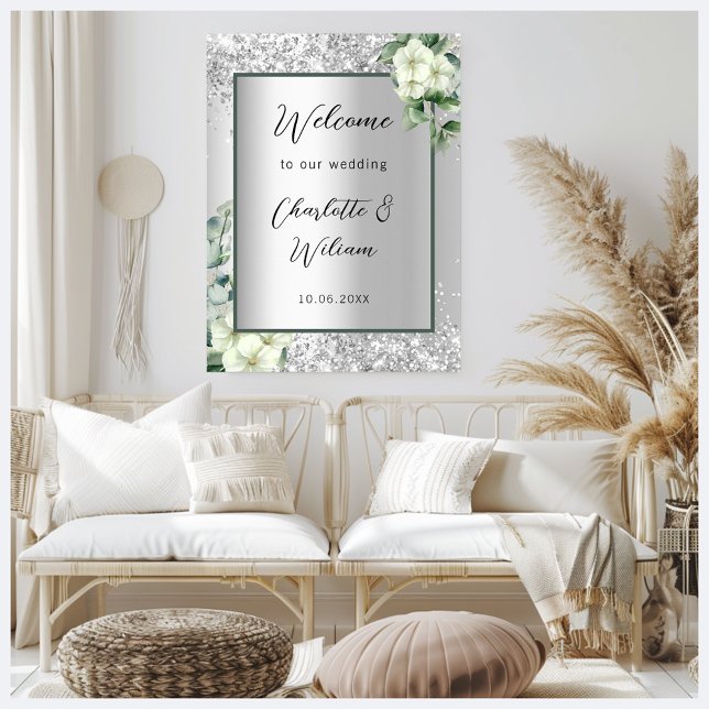 Wedding silver white florals welcome poster (Creator Uploaded)