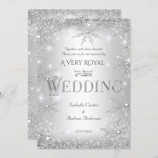 Wedding Silver Winter Wonderland Royal Crown Invitation (Front/Back)