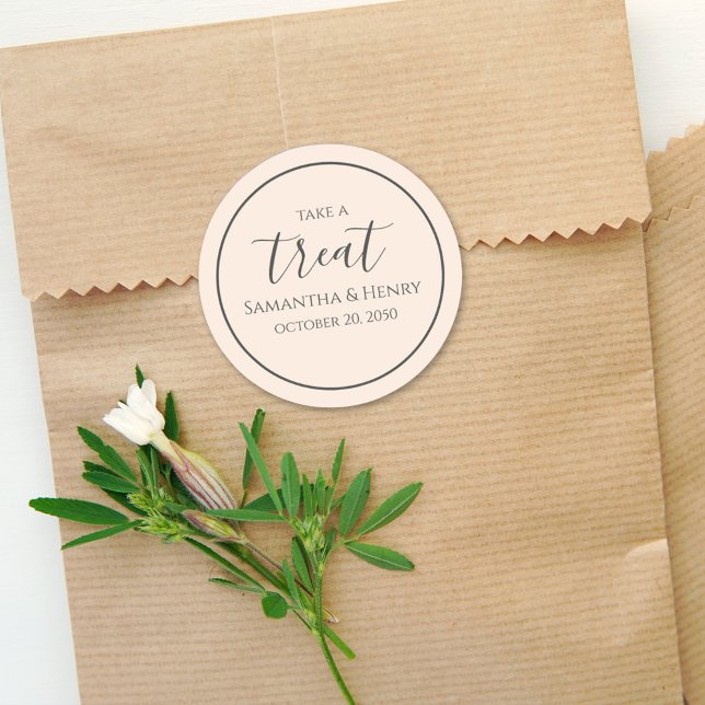 Wedding Simple Calligraphy Script Treat Peach Classic Round Sticker (Creator Uploaded)