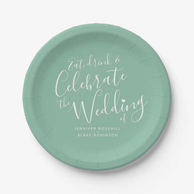 Wedding simple green white script personalised paper plate (Front)