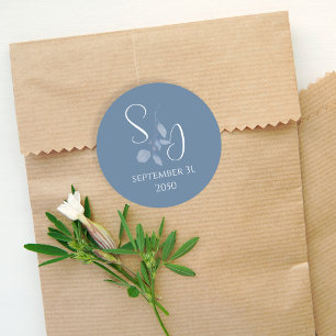 Wedding Simple Minimalist Blue Floral Monogram Classic Round Sticker