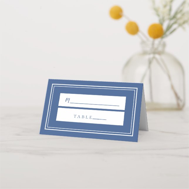 Wedding Simple Minimalist Classic Blue White Table Place Card (Front)