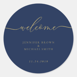 Wedding Simple Navy Gold Script Welcome Classic Round Sticker