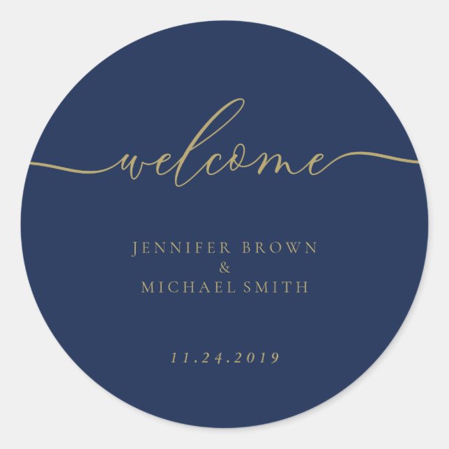 Wedding Simple Navy Gold Script Welcome Classic Round Sticker (Front)