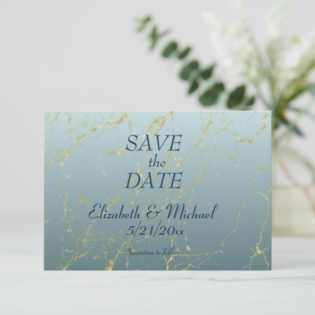 Wedding Simple Ombre Blue Gold Save the Date Card (Standing Front)