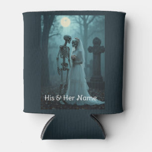 Wedding Skeleton Couple Vintage Image in Black Can Cooler