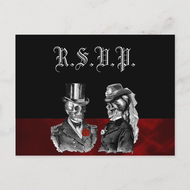 Wedding Skeleton Skulls RSVP Invitation Postcard (Front)