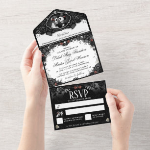 Wedding Skeletons Black & Red Rose Elegant All In One Invitation