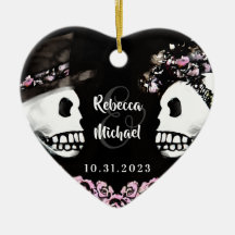 Wedding Skeletons Bride Groom Pink Floral Ornament