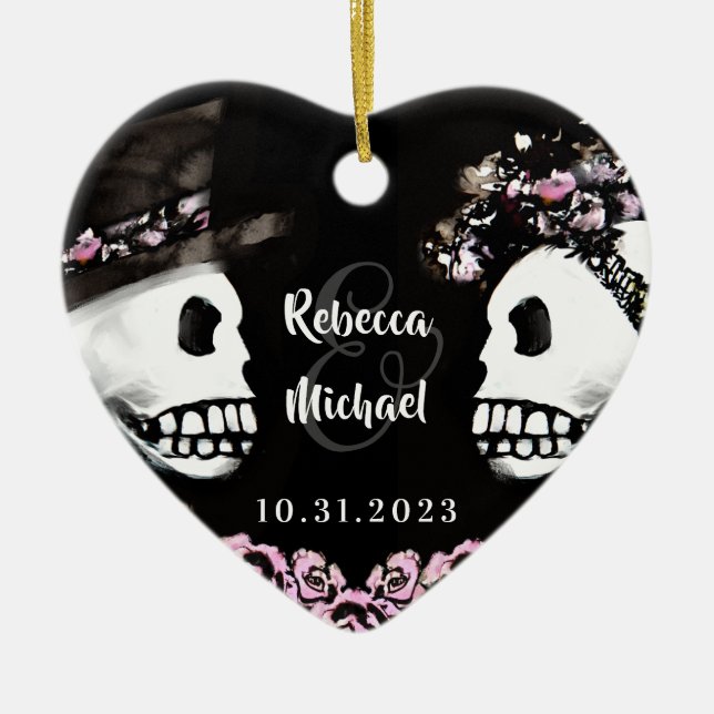 Wedding Skeletons Bride Groom Pink Floral Ornament (Front)