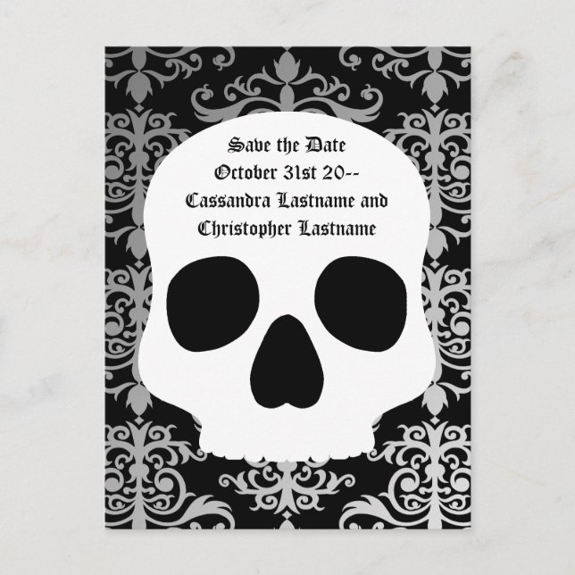 Wedding skull damask | Save the date Announcement Postcard (Front)