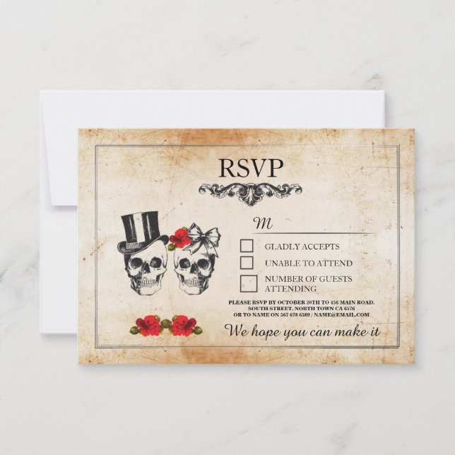 Wedding Skulls RSVP Skull Roses Rustic Cards (Front)