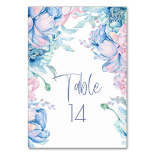 Wedding   Sky Blue and Bubblegum Pink Peonies Table Number