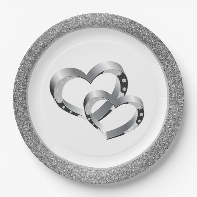 Wedding SLVR Glitter 9" Paper Plates-Two Hearts Plate (Front)