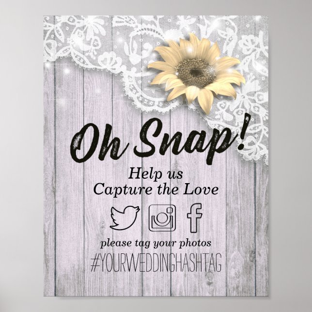 Wedding Snap Hashtag Lace Sunflower Wood Lights Poster (Front)