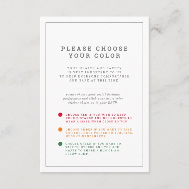 Wedding social distancing colour level request enclosure card (Front)
