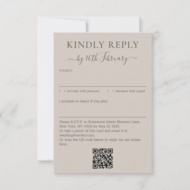 Wedding Soft Beige Signature QR Code Kindly Reply RSVP Card (Front)