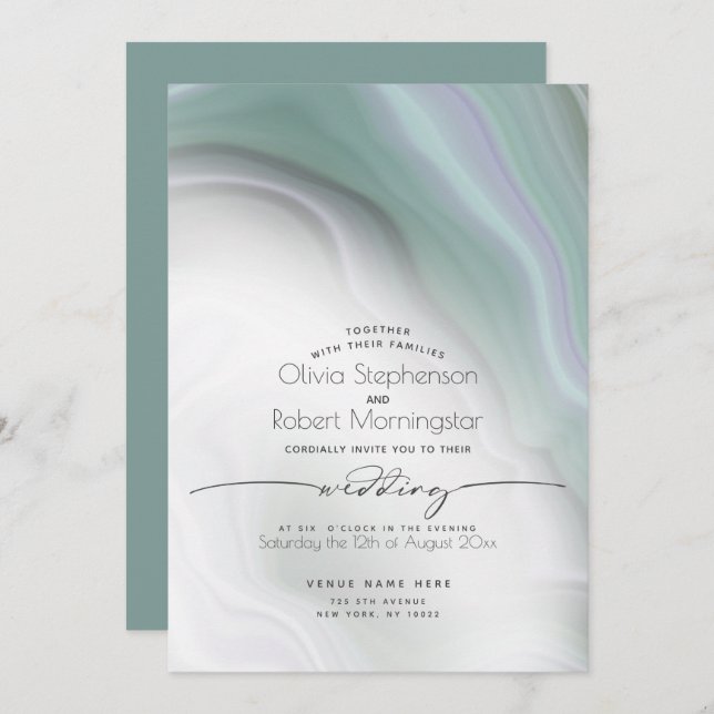 WEDDING  | Soft Misty Jade and Violet Marble Invitation (Front/Back)