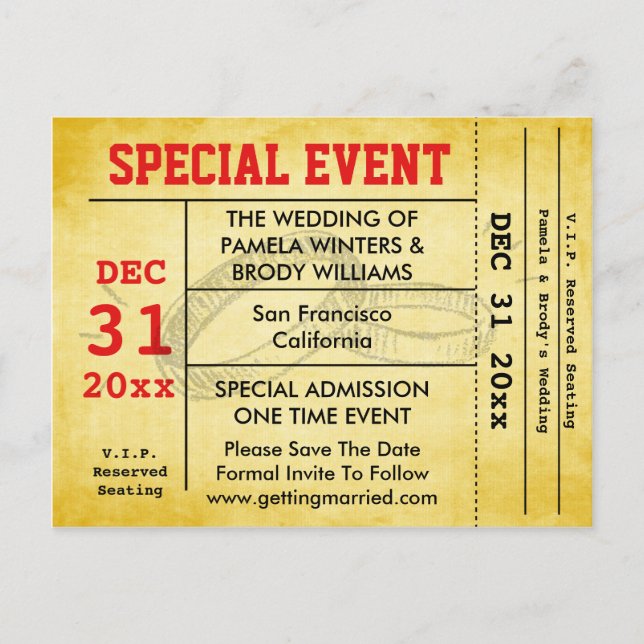 Wedding Special Event Save The Date Ticket Announcement Postcard (Front)