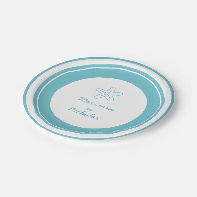 Wedding starfish aqua white custom paper plate (Angled)