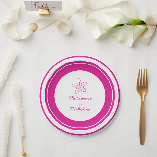 Wedding starfish pink white custom paper plate (Wedding)