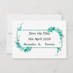 Wedding stationery in teal and aqua with cascades save the date