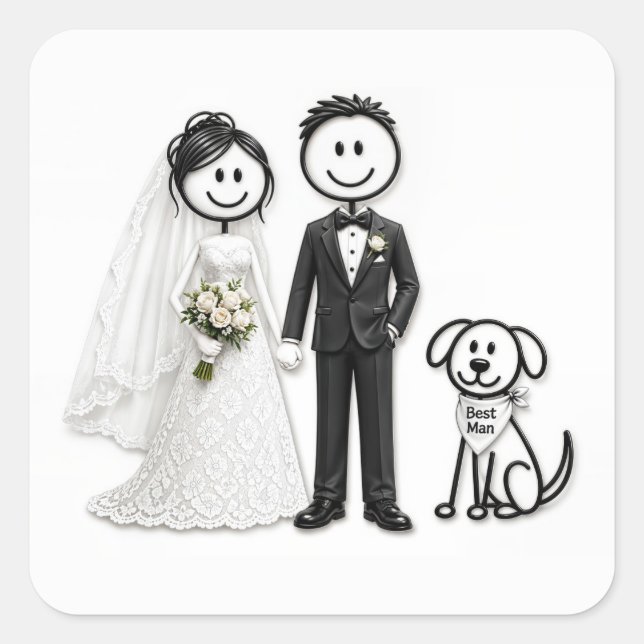 Wedding Stick Figures with Best Man Dog Square Sticker (Front)