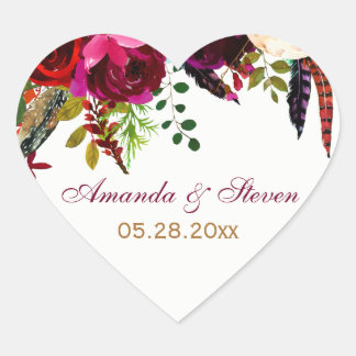 Wedding Sticker - Burgundy Floral, Feathers