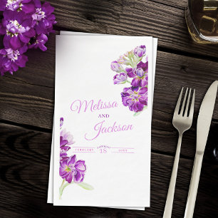 Wedding stock dark purple gillyflowers on white napkin
