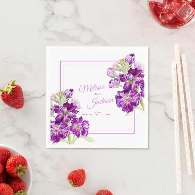 Wedding stock purple flowers on white  napkin (Insitu)
