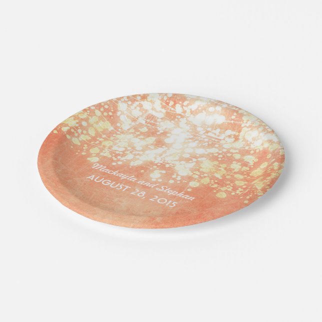 wedding string lights gold and peach shimmer paper plate (Angled)