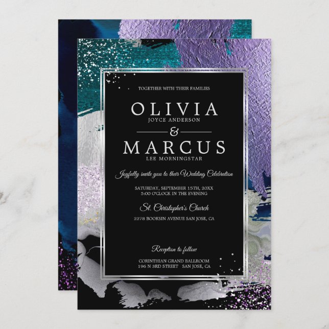 Wedding | Stunning Bold Teal Lavender Abstract Invitation (Front/Back)