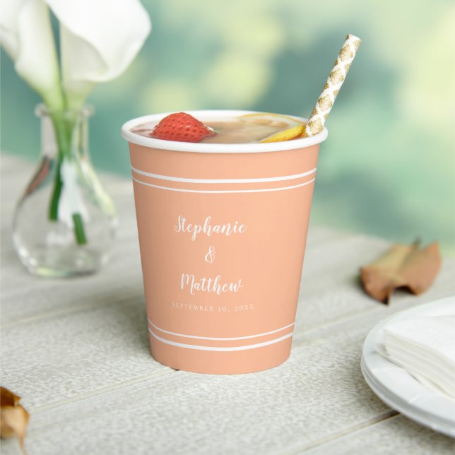 Wedding Stylish Couple Names & Date Peach Party Paper Cups (Insitu)