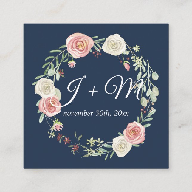 Wedding Suite Stacking Ribbon Navy Blush Floral Square Business Card (Front)