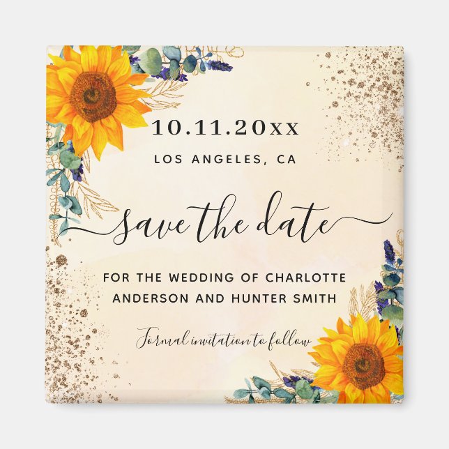 Wedding sunflower eucalyptus glitter save the date magnet (Front)