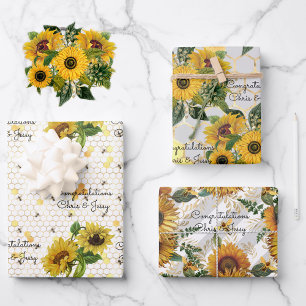 Wedding Sunflowers & Bees Add Names 3 Gift Wrapping Paper Sheet