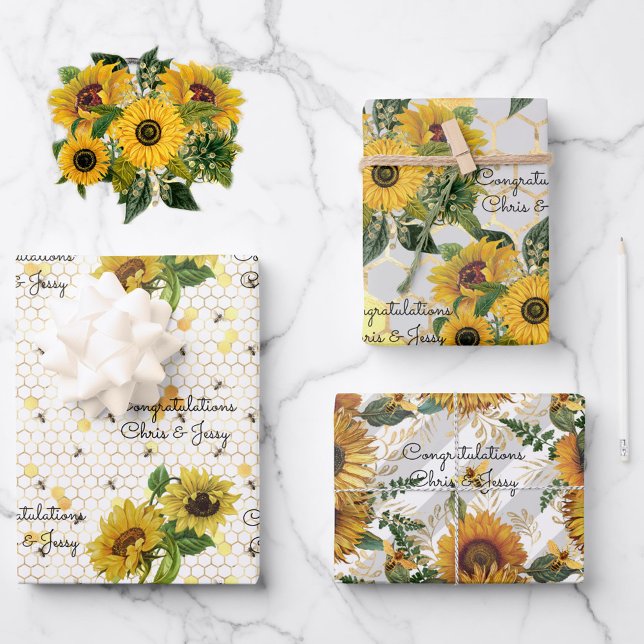 Wedding Sunflowers & Bees Add Names 3 Gift Wrapping Paper Sheet (Creator Uploaded)
