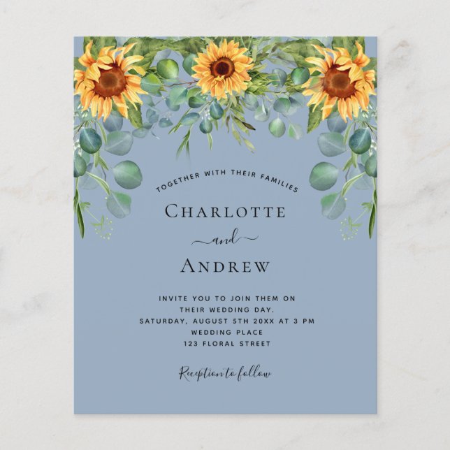 Wedding sunflowers eucalyptus dusty blue budget flyer (Front)